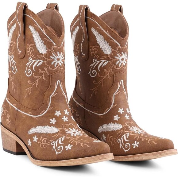 ⚡Women's Brown Western Cowboy Boots Intricate White Embroidery Mid Heel Boots - Picture 1 of 6